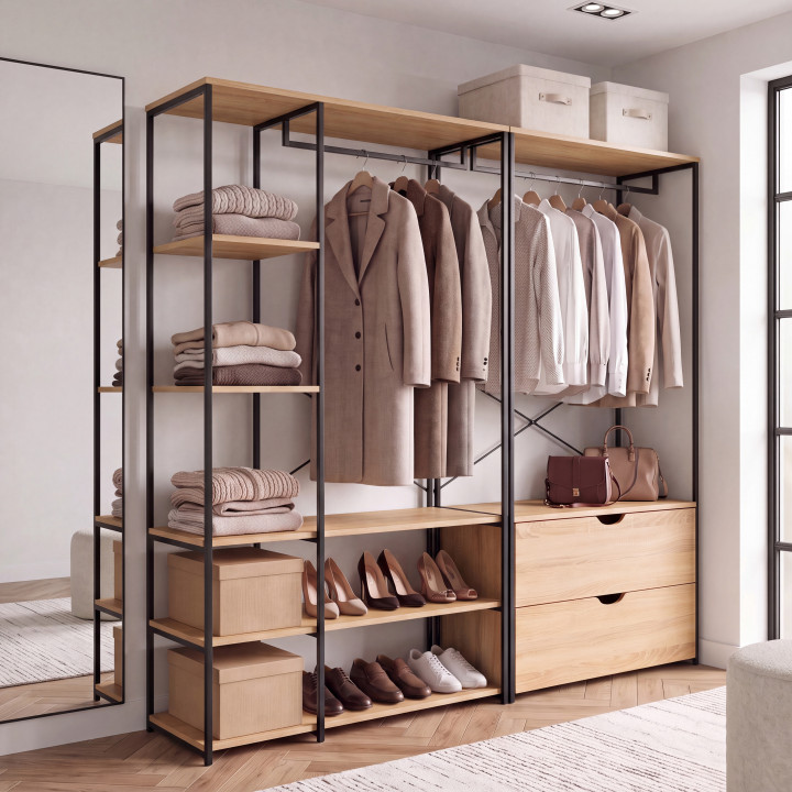 Dressing modulable double penderie étagères et 2 tiroirs DETROIT design industriel