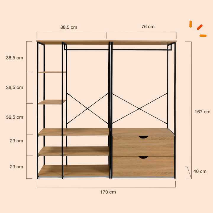 Dressing modulable double penderie étagères et 2 tiroirs DETROIT design industriel