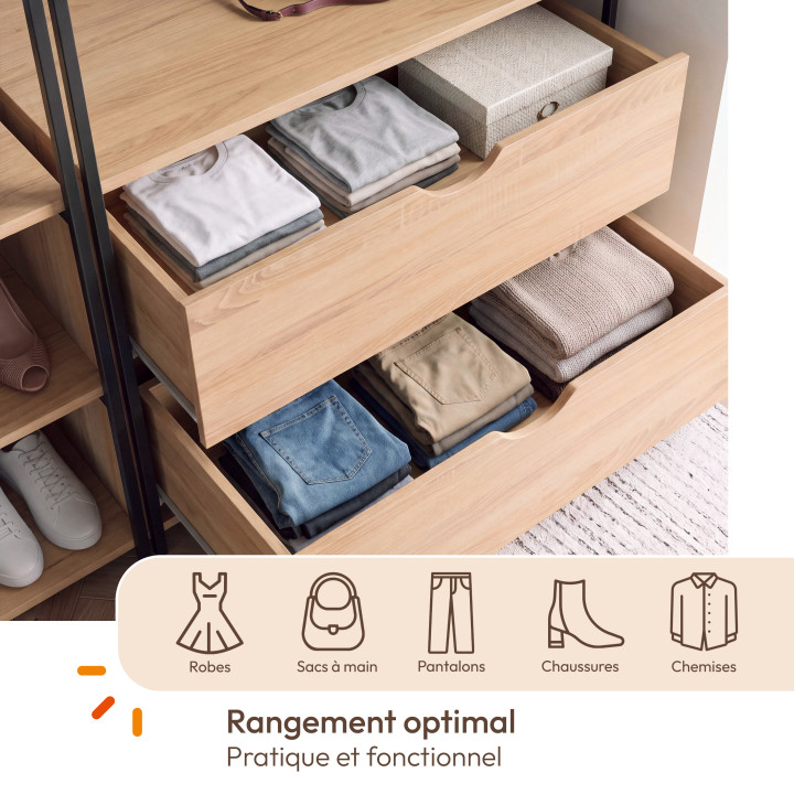 Dressing modulable double penderie étagères et 2 tiroirs DETROIT design industriel