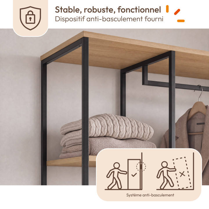 Dressing modulable double penderie étagères et 2 tiroirs DETROIT design industriel