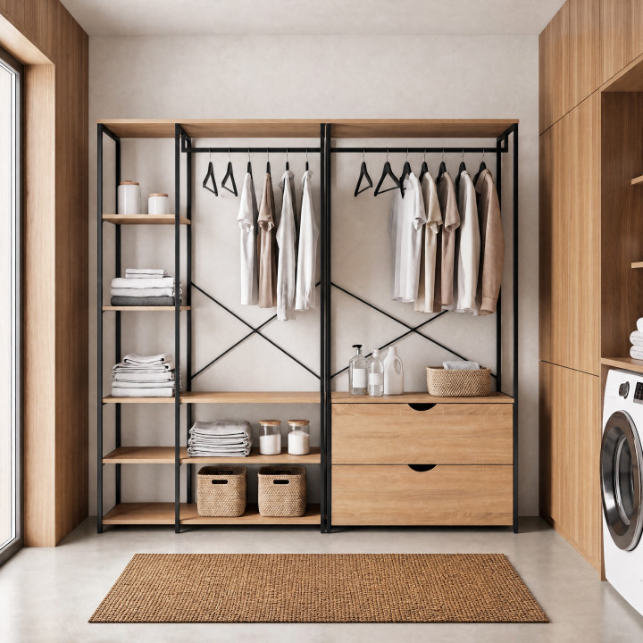 Dressing modulable double penderie étagères et 2 tiroirs DETROIT design industriel