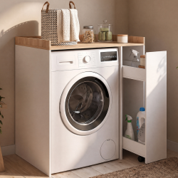 Meuble armoire pour machine à laver avec tiroir coulissant TOMI blanc et bois façon hêtre