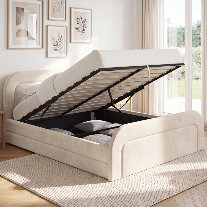 AURA tweepersoons commodebed met doorgestikt hoofdeinde en beige fluwelen lattenbodem 140 x 190 cm