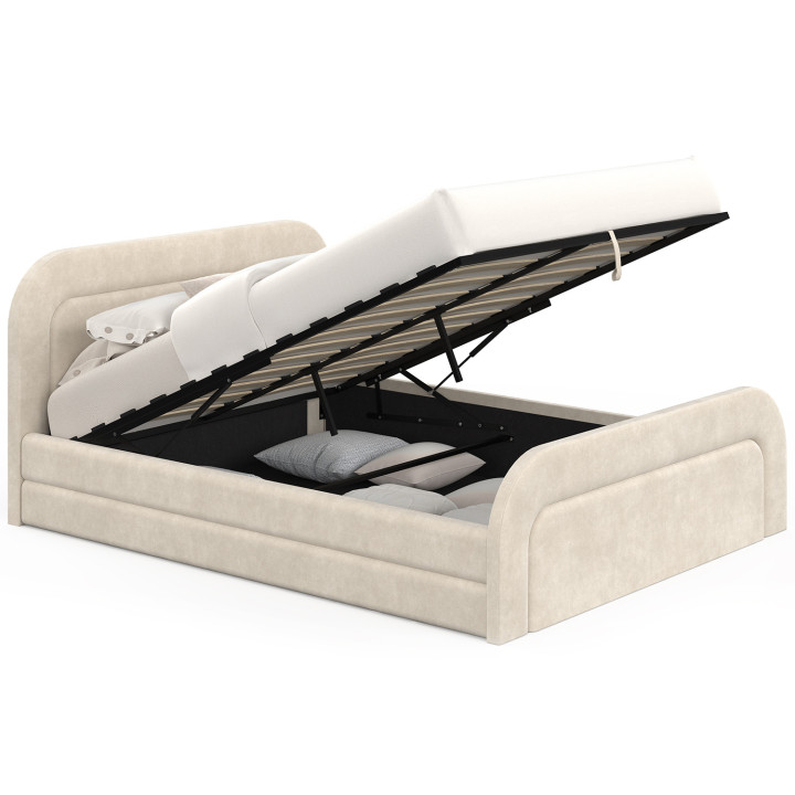 Lit coffre double AURA avec tête de lit matelassée et sommier 140 x 190 cm velours beige