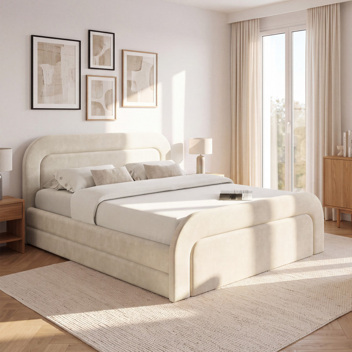 Letto matrimoniale AURA con testata trapuntata e base in velluto beige 140 x 190 cm