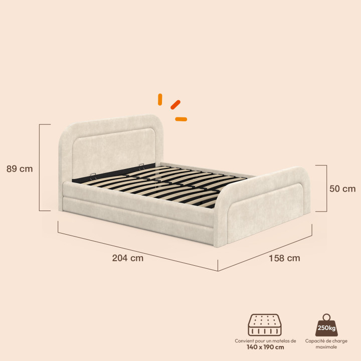 Letto matrimoniale AURA con testata trapuntata e base in velluto beige 140 x 190 cm