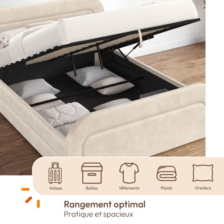 Lit coffre double AURA avec tête de lit matelassée et sommier 140 x 190 cm velours beige