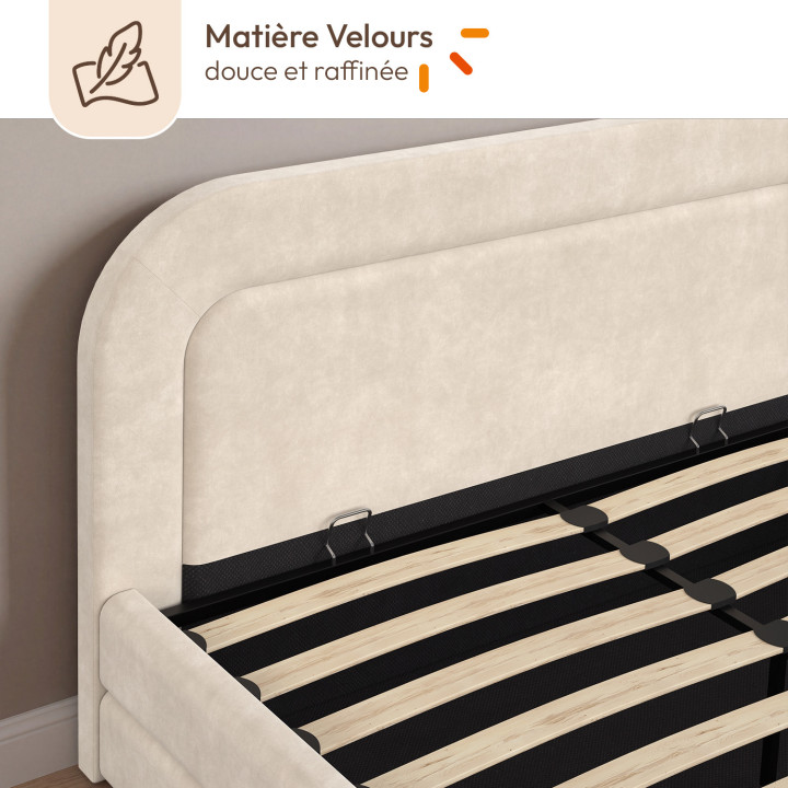 Lit coffre double AURA avec tête de lit matelassée et sommier 140 x 190 cm velours beige