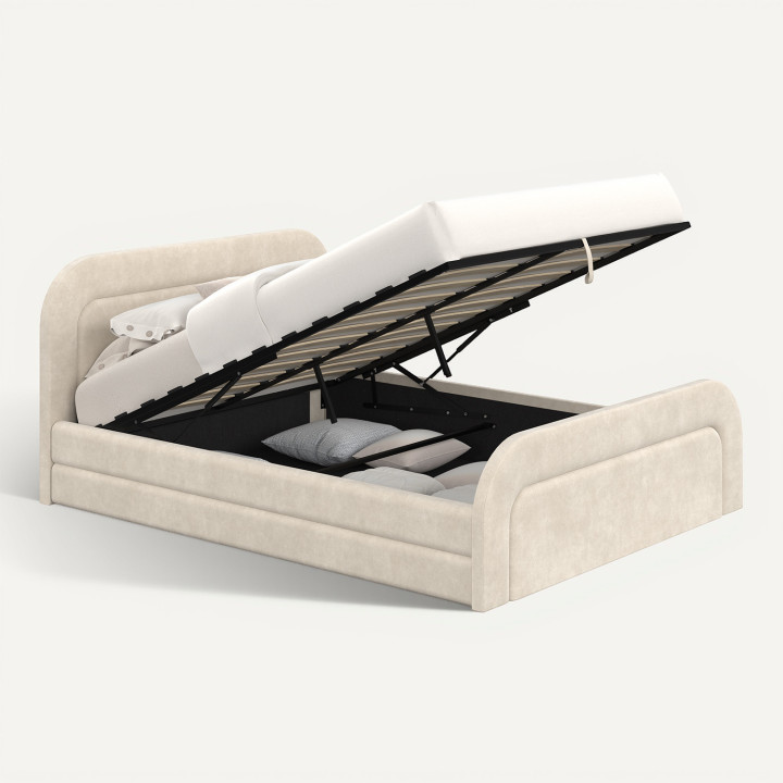 Lit coffre double AURA avec tête de lit matelassée et sommier 140 x 190 cm velours beige