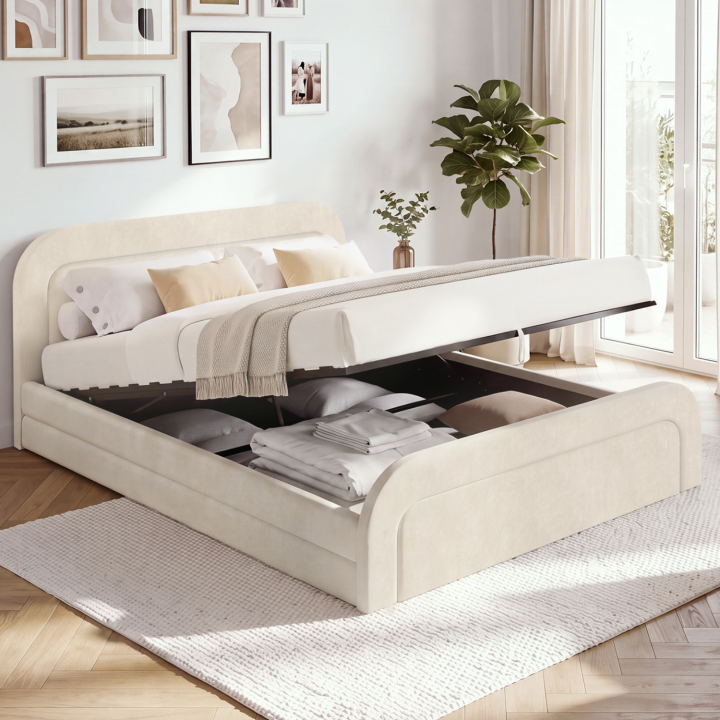 Cama de matrimonio AURA con cabecero acolchado y somier de terciopelo beige de 160 x 200 cm