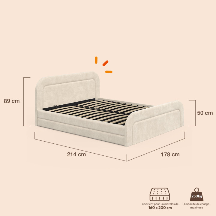 Lit coffre double AURA avec tête de lit matelassée et sommier 160 x 200 cm velours beige