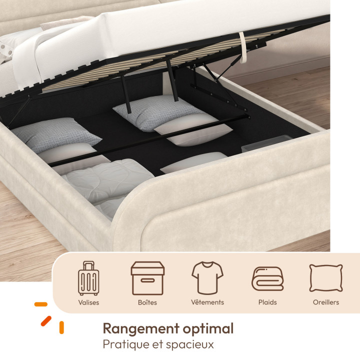 Lit coffre double AURA avec tête de lit matelassée et sommier 160 x 200 cm velours beige