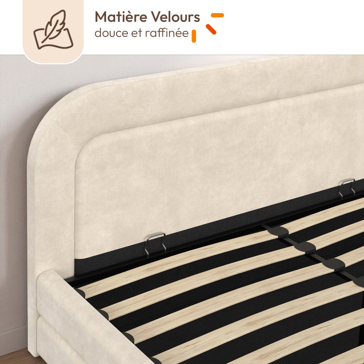 Lit coffre double AURA avec tête de lit matelassée et sommier 160 x 200 cm velours beige