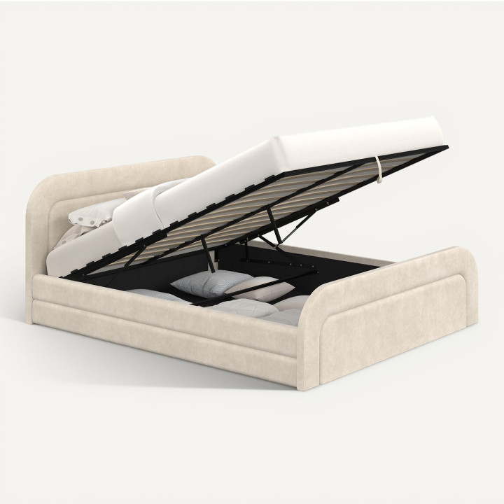 Lit coffre double AURA avec tête de lit matelassée et sommier 160 x 200 cm velours beige