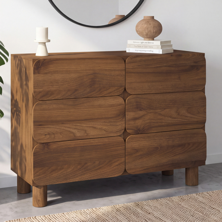 SARANDA-commode met 6 afgeronde lades, 110 cm, hout met notenhoutlook