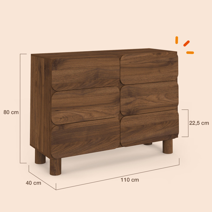 Kommode SARANDA mit 6 abgerundeten Schubladen, 110 cm, Holz in Nussbaum-Optik