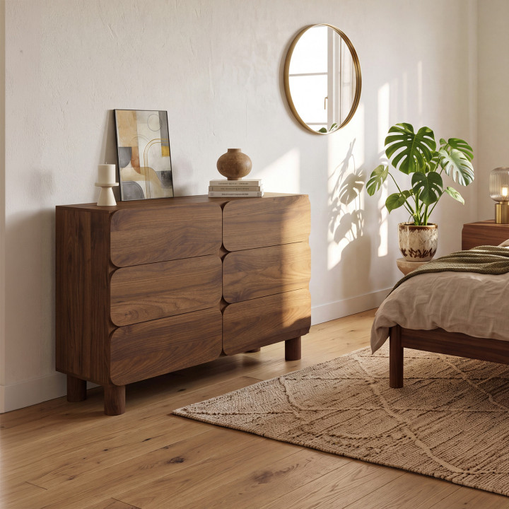 Kommode SARANDA mit 6 abgerundeten Schubladen, 110 cm, Holz in Nussbaum-Optik