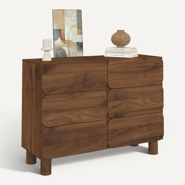 Commode 6 tiroirs SARANDA 110 cm portes arrondies noyer