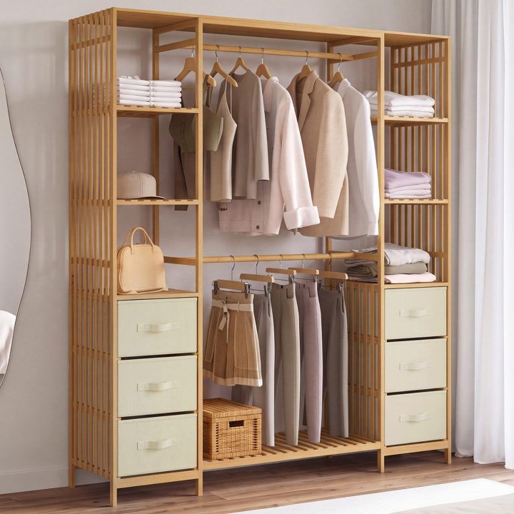 Dressing double penderie + double colonne lattes bambou L. 140 cm UMAH avec 6 étagères et 6 bacs en tissu beige