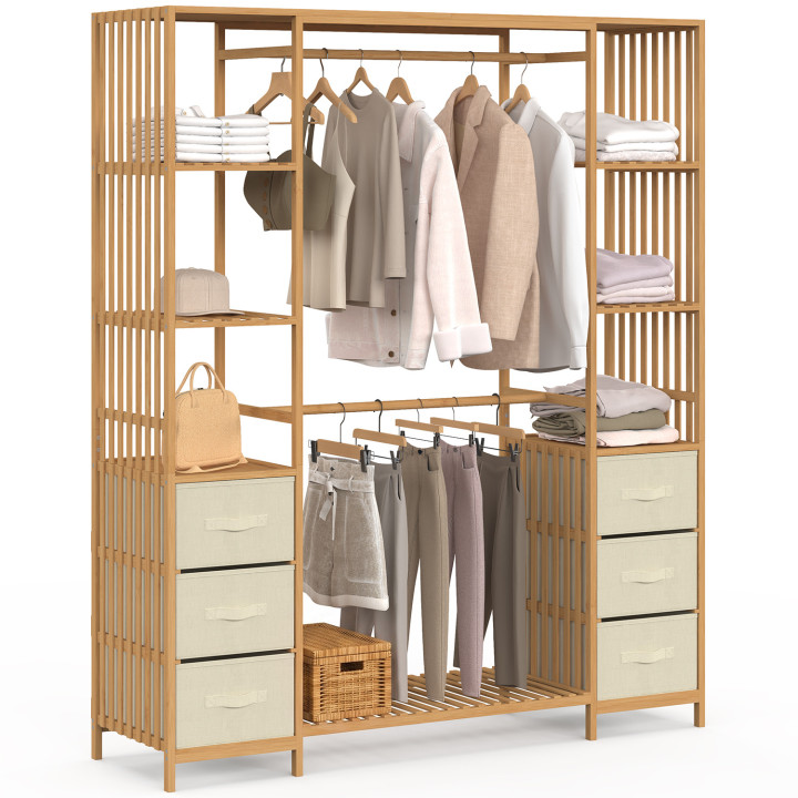 UMAH dubbele kledingkast + dubbele bamboe lattenbodem L. 140 cm met 6 legplanken en 6 bakken in beige stof