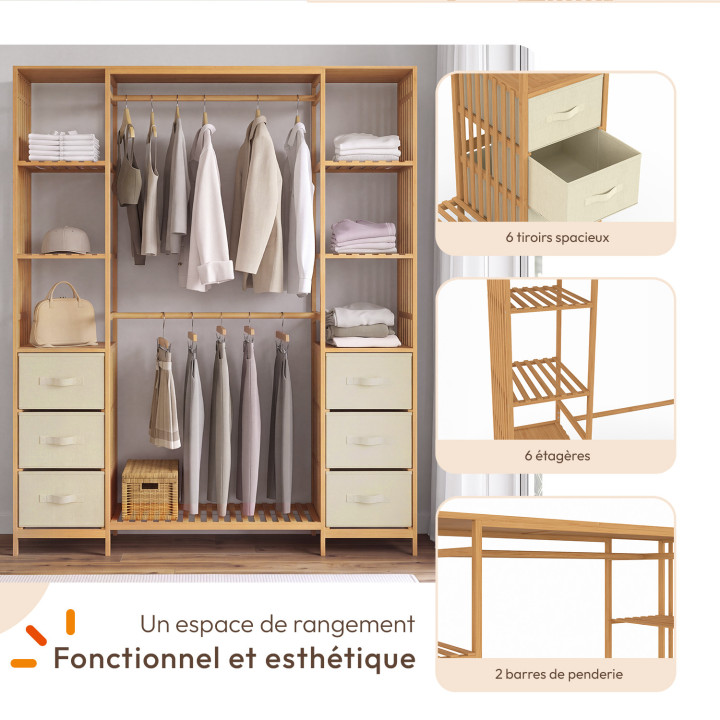 UMAH dubbele kledingkast + dubbele bamboe lattenbodem L. 140 cm met 6 legplanken en 6 bakken in beige stof