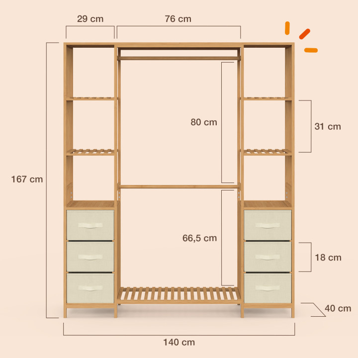 Armadio doppio UMAH + colonna doppia a doghe di bambù L. 140 cm con 6 ripiani e 6 cestini in tessuto beige