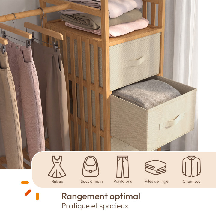Dressing double penderie + double colonne lattes bambou L. 140 cm UMAH avec 6 étagères et 6 bacs en tissu beige