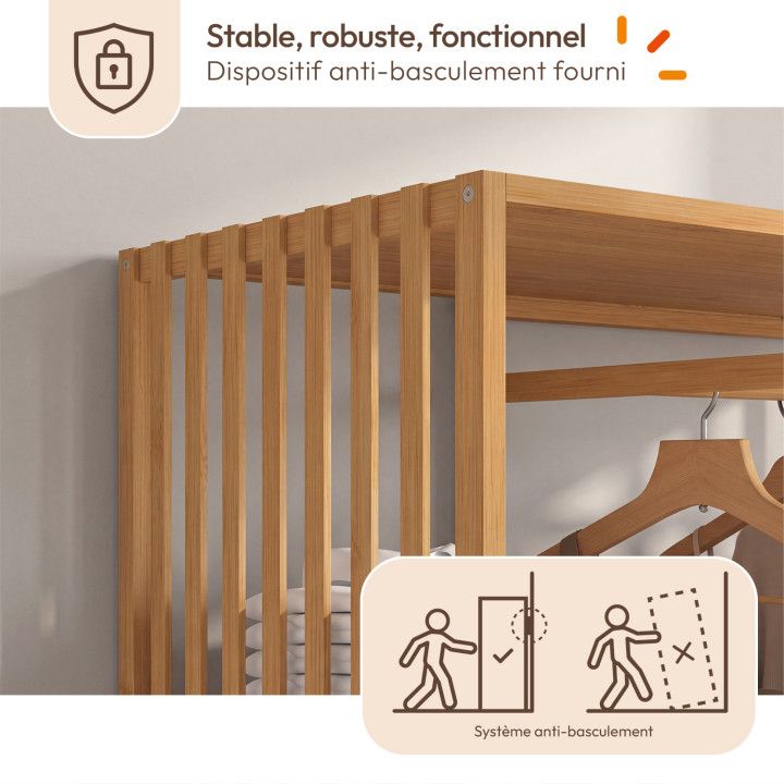 Dressing double penderie + double colonne lattes bambou L. 140 cm UMAH avec 6 étagères et 6 bacs en tissu beige