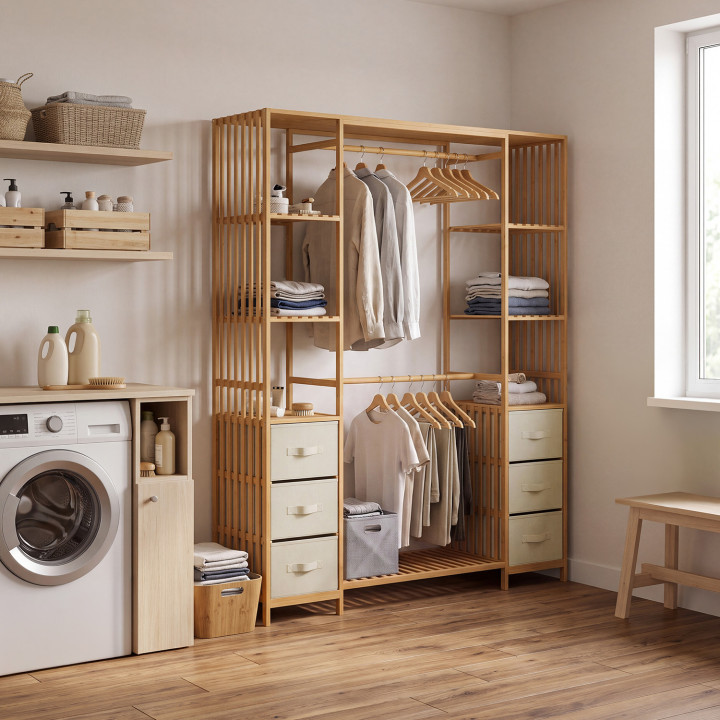 Ankleidezimmer mit doppeltem Kleiderschrank + doppelter Säule Bambuslatten B. 140 cm UMAH mit 6 Regalen und 6 Behältern aus beig