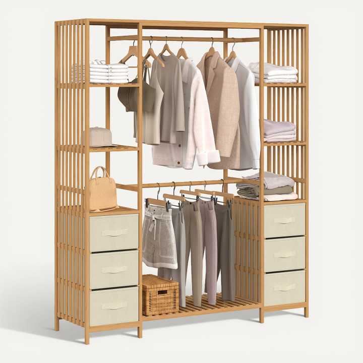 Armadio doppio UMAH + colonna doppia a doghe di bambù L. 140 cm con 6 ripiani e 6 cestini in tessuto beige