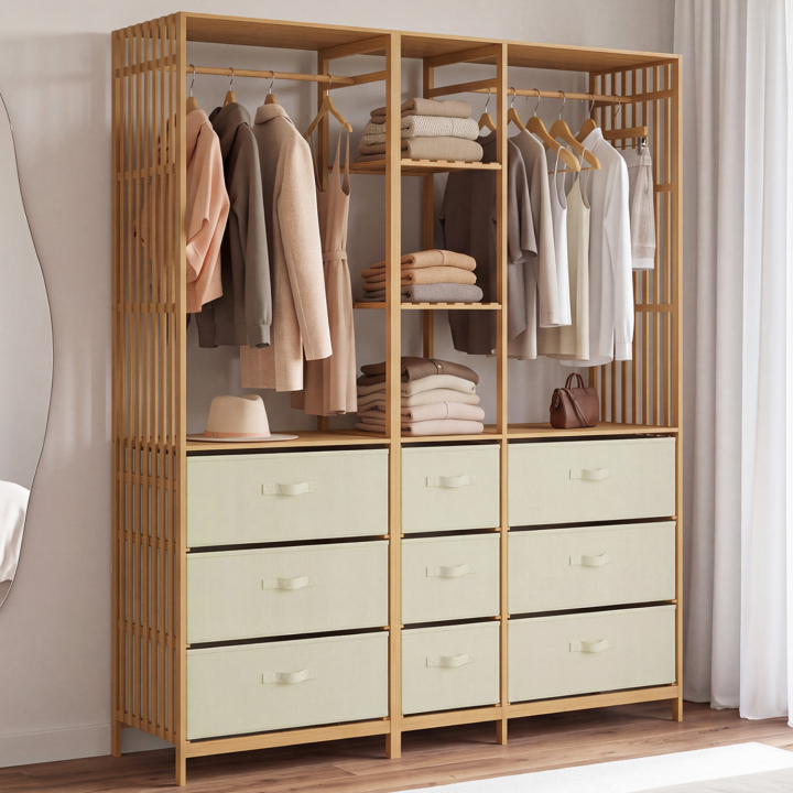 Dressing penderie modulable lattes bambou L. 150 cm XXL UMAH avec 3 étagères et 9 bacs en tissu beige