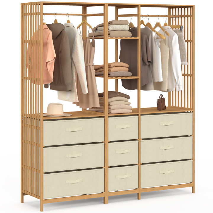 Armario modular XXL UMAH con lamas de bambú L. 150 cm con 3 estantes y 9 cajones en tejido beige
