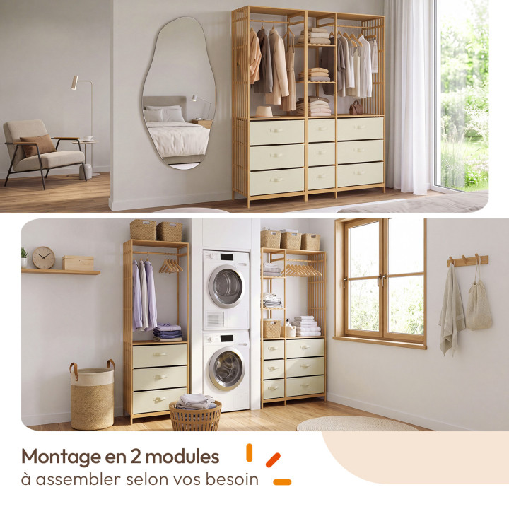 Armadio componibile XXL UMAH con doghe in bambù L. 150 cm con 3 ripiani e 9 contenitori in tessuto beige