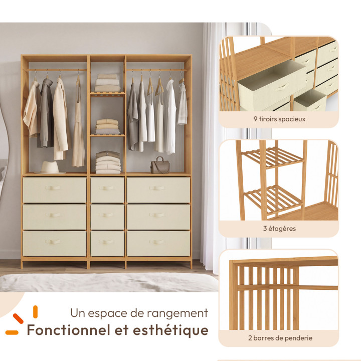 Armario modular XXL UMAH con lamas de bambú L. 150 cm con 3 estantes y 9 cajones en tejido beige