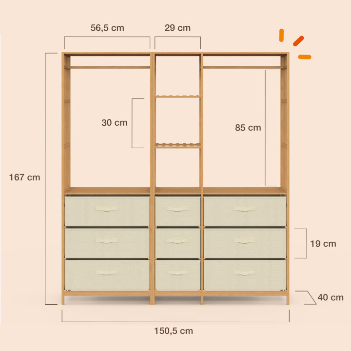 Armario modular XXL UMAH con lamas de bambú L. 150 cm con 3 estantes y 9 cajones en tejido beige