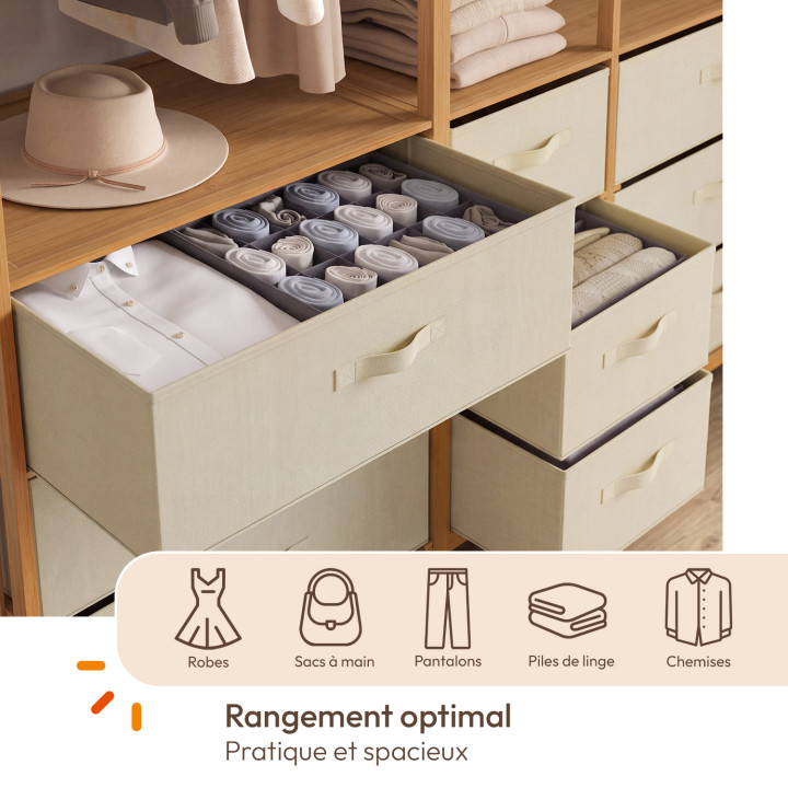 Modulares Ankleidezimmer mit Bambuslatten B. 150 cm XXL UMAH mit 3 Regalen und 9 Behältern aus beigem Stoff