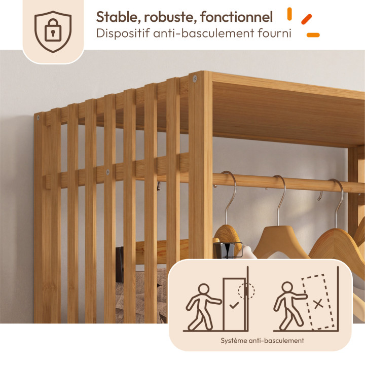 Armadio componibile XXL UMAH con doghe in bambù L. 150 cm con 3 ripiani e 9 contenitori in tessuto beige
