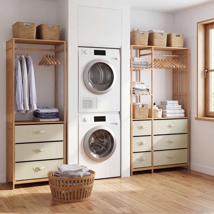 XXL UMAH modulaire kledingkast met bamboe latten L. 150 cm met 3 legplanken en 9 bakken in beige stof