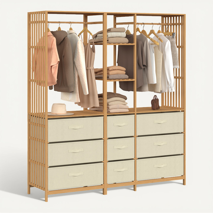 Dressing penderie modulable lattes bambou L. 150 cm XXL UMAH avec 3 étagères et 9 bacs en tissu beige