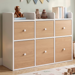 Meuble de rangement enfant PABLO blanc 6 bacs en tissu façade effet hêtre et 3 étagères bibliothèque