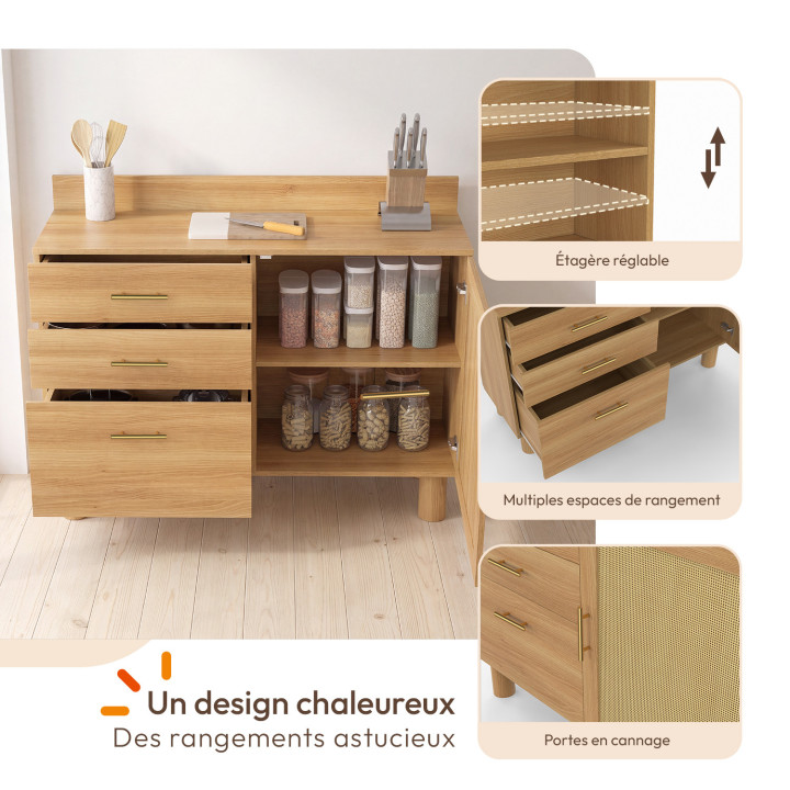 Buffet bas de cuisine 120 cm DENISE en cannage