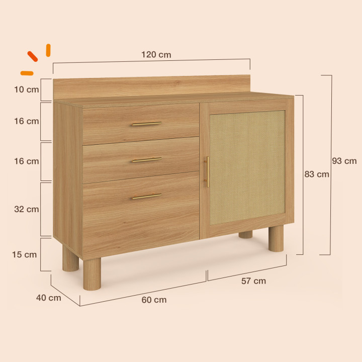 120 cm Credenza da cucina bassa in canna DENISE