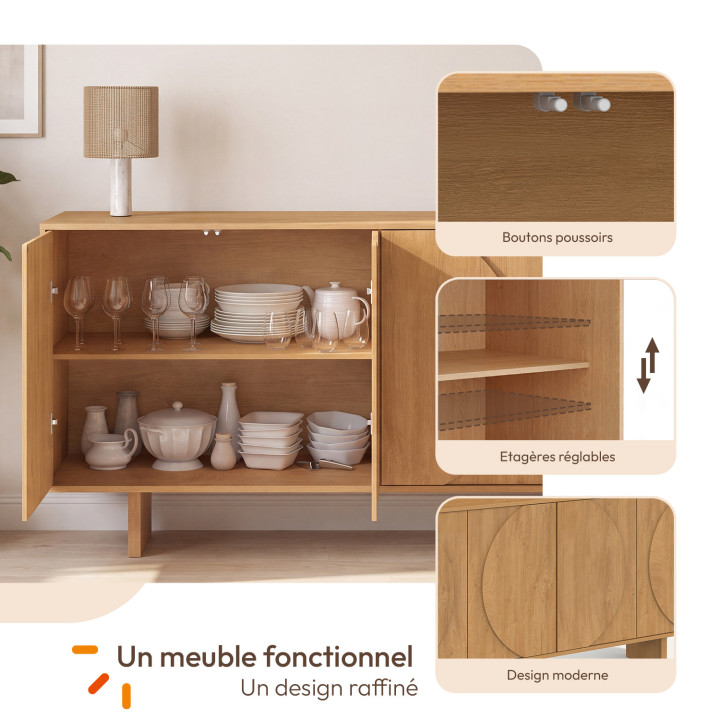 ARVIN-buffetkast van 160 cm met 4 deuren en afgeronde reliëfdetails in licht hout