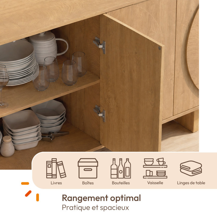 Credenza ARVIN da 160 cm a 4 ante con rilievi arrotondati in legno chiaro