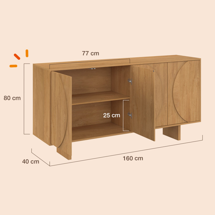 ARVIN-buffetkast van 160 cm met 4 deuren en afgeronde reliëfdetails in licht hout