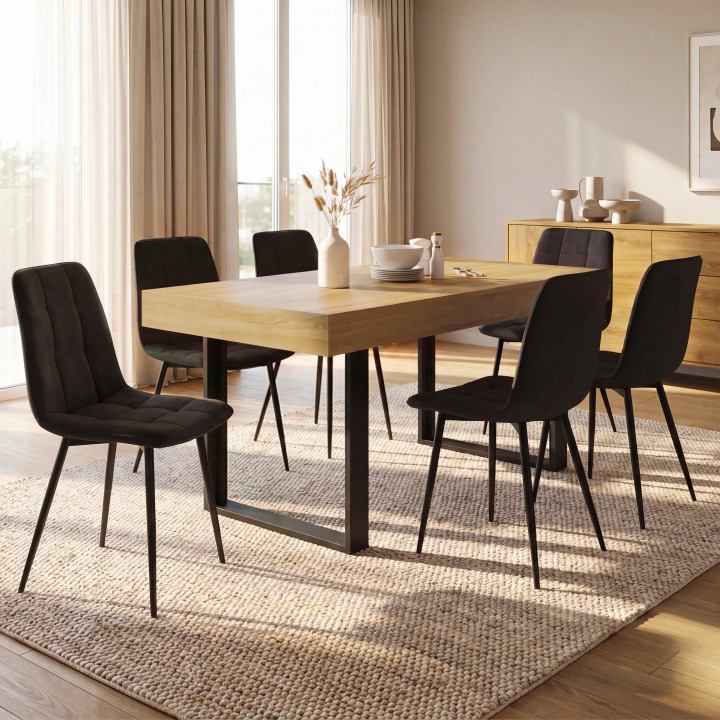 Ensemble table à manger extensible rectangle PHOENIX 4-8 personnes bois et noir 160 - 200 cm et 6 chaises MILA en velours noir