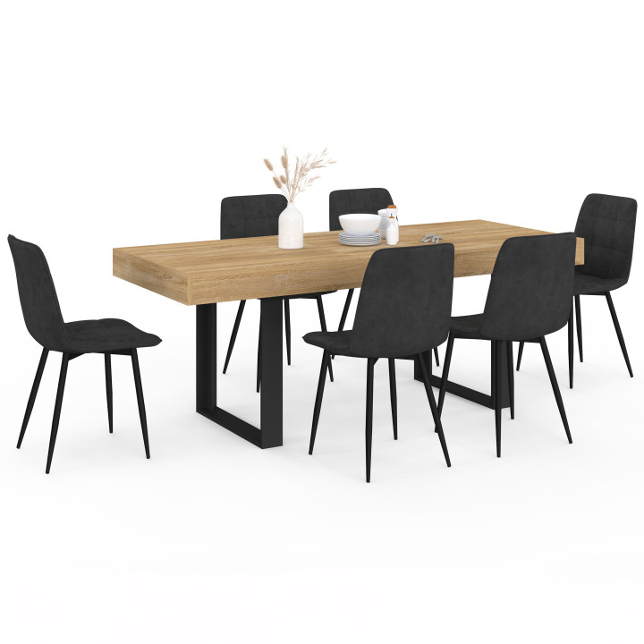 Set ausziehbarer rechteckiger Esstisch PHOENIX 4-8 Personen aus Holz und schwarz 160 - 200 cm und 6 Stühle MILA aus schwarzem Sa