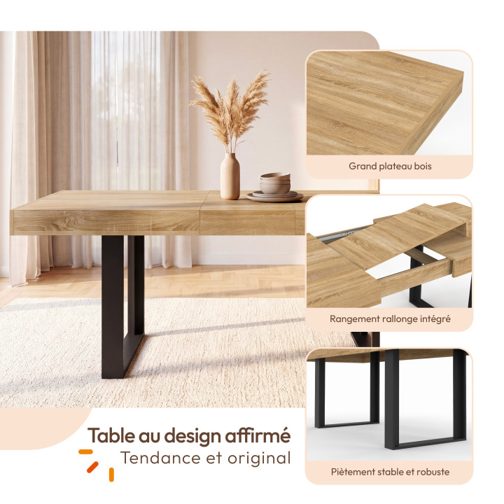 Ensemble table à manger extensible rectangle PHOENIX 4-8 personnes bois et noir 160 - 200 cm et 6 chaises MILA en velours noir