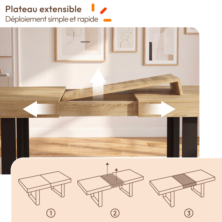 Ensemble table à manger extensible rectangle PHOENIX 4-8 personnes bois et noir 160 - 200 cm et 6 chaises MILA en velours noir
