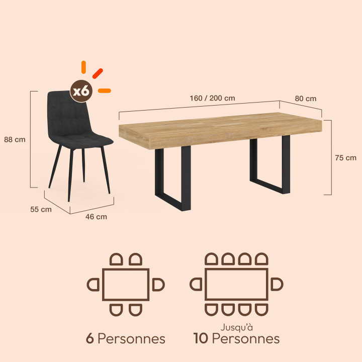 Ensemble table à manger extensible rectangle PHOENIX 4-8 personnes bois et noir 160 - 200 cm et 6 chaises MILA en velours noir